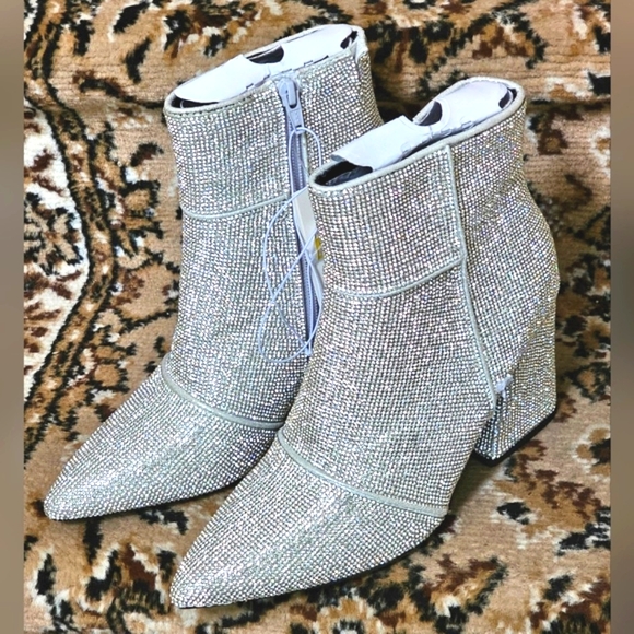 a new day Shoes - Women's Ankle Boots Zipper Closure Block Heel Cushioned Silver Rhinestone, NWT